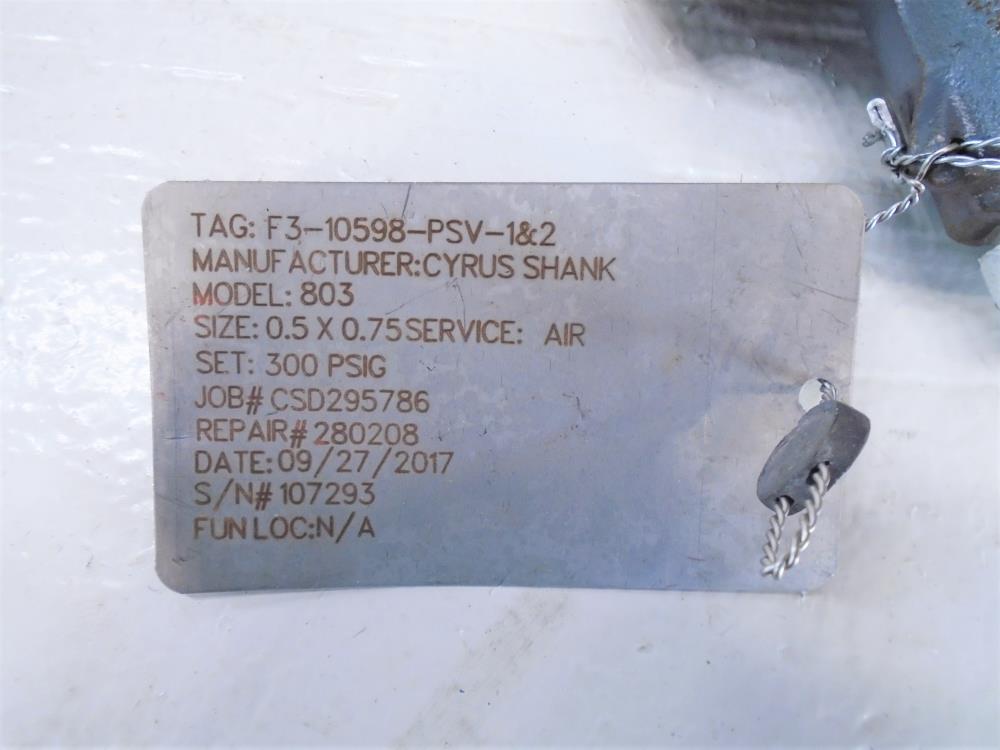 Cyrus Shank 1/2" x 3/4" NPT Refrigerant Safety Relief Valve Type 803, 300 PSIG